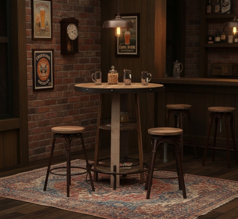 Pub Table Set: Round Top with Riveted Trim. Riveted Wood Bar Table.