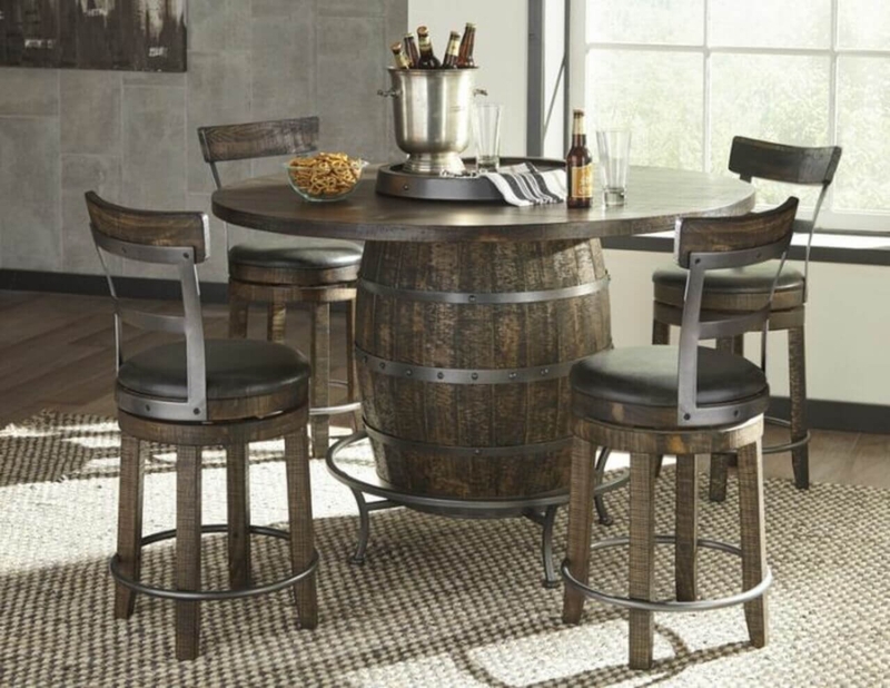 Pub Table Set: Rustic Industrial Wine Barrel Base, Riveted Metal Bands.