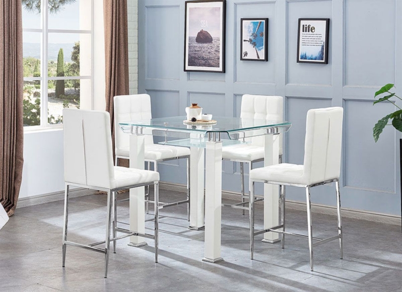 Pub Table Set Square Glass Top Block Legs Integrated Shelf Chrome