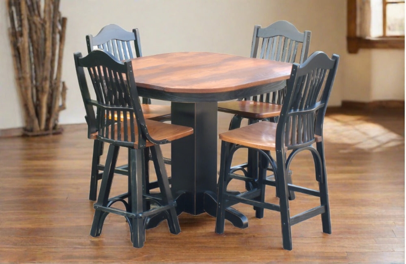 Pub Table Set: Two-Tone Finish, Curved Bracing. Rustic Pedestal Dining Set.