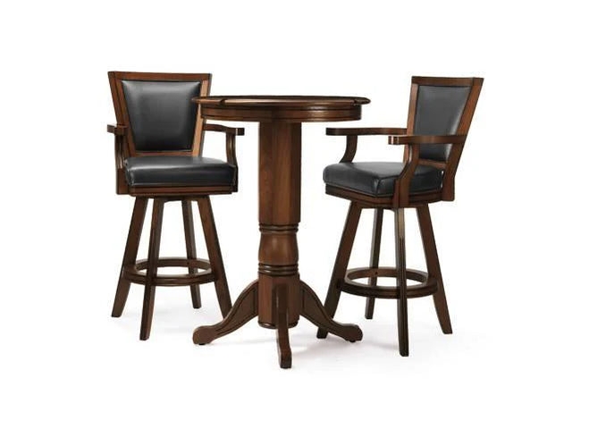 Pub Table Set: Walnut Pedestal Base, Upholstered High-Back Chairs.