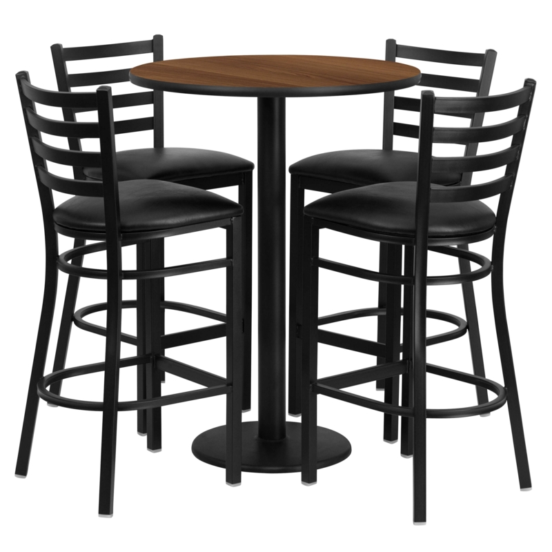 Pub Table Set: Walnut Top Bistro Table with Ladder Back Stools.