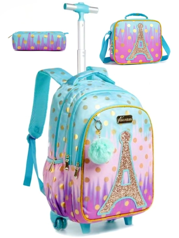 Purple and Blue Ombre Rolling Backpack Set with Glitter Eiffel Tower