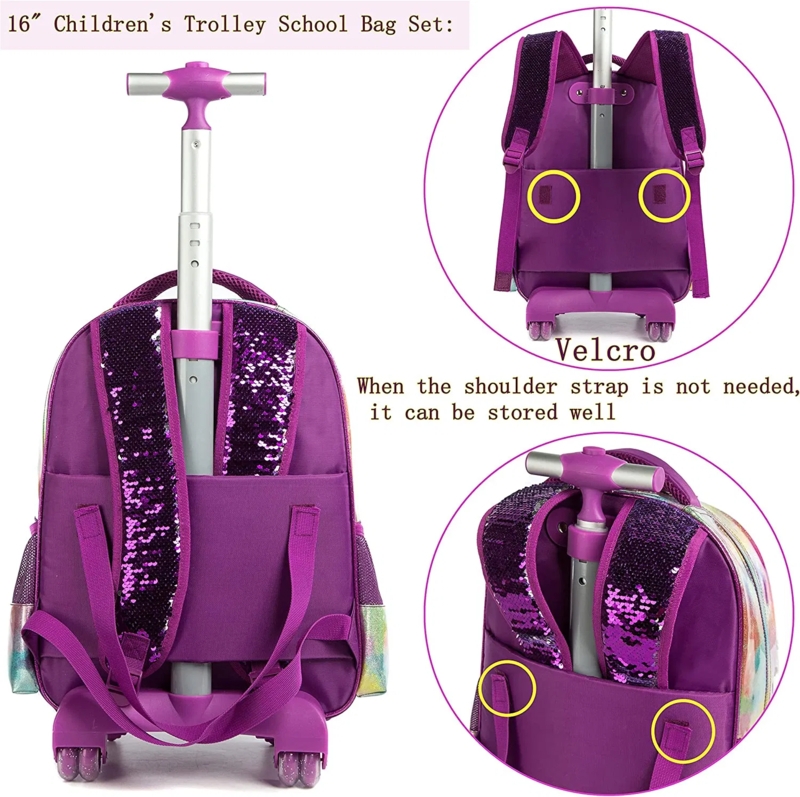 Purple Sequin Rolling Backpack with Velcro Strap Storage System