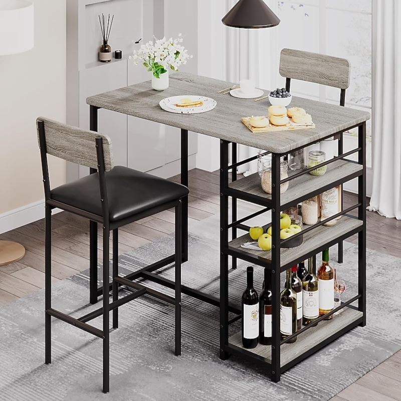 Qeetex 2-Person Dining Table Set with 2 Upholstered Chairs, 35.4" Kitchen  Bar Table for Small Spaces, 3-Tier Storage Shelves, for Apartment,  Breakfast Nook, Pub, Grey in the Dining Tables department at