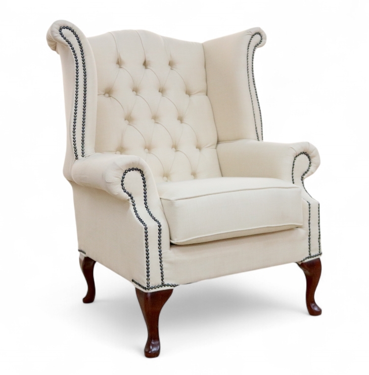 Queen Anne Wingback Chair with Linen Look Fabric and Scalloped Top