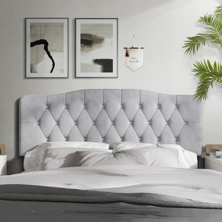 Queen Arched Headboard: Upholstered Velvet with Diamond Tufting Detail