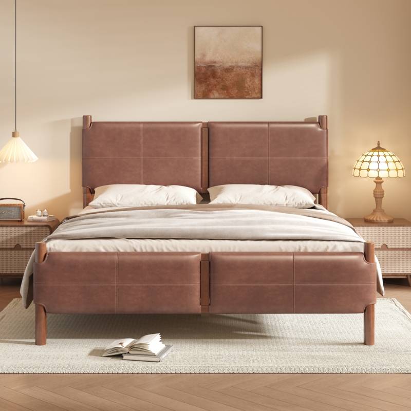 Queen Bed Cognac Brown Split Panel Grid Stitching Wood Legs
