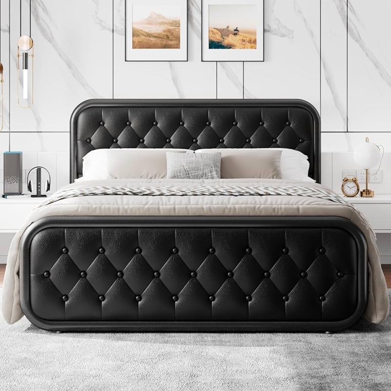 Queen Bed Frame Black Diamond Button Tufting Rounded Corners