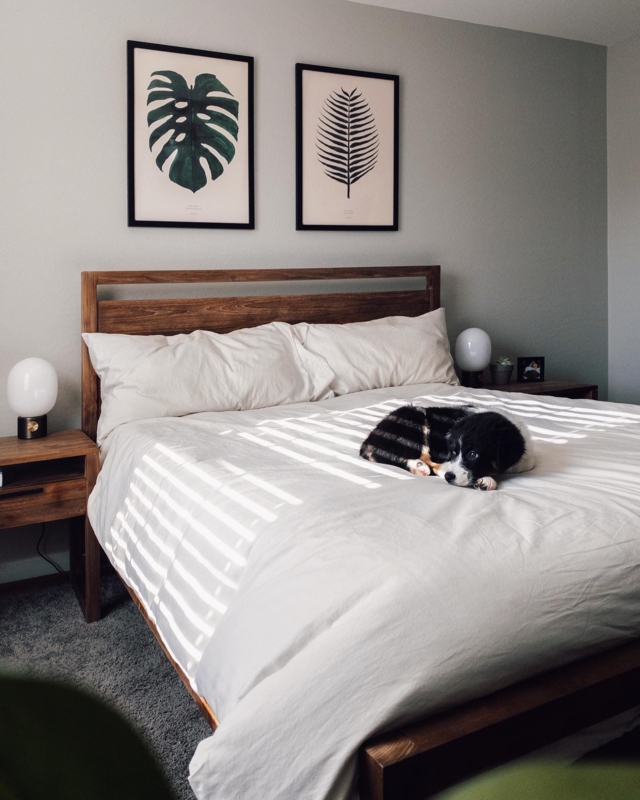 Queen Bed Open Frame Slatted Headboard Wood Toned