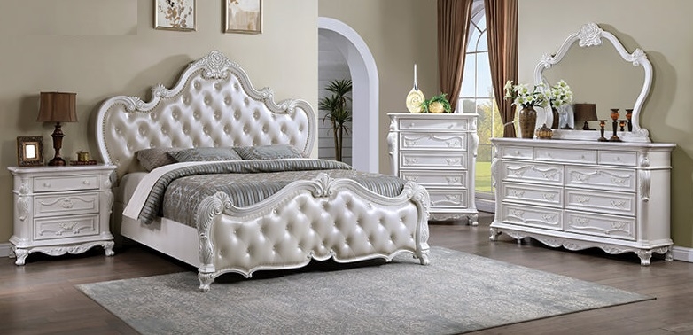 Queen Bedroom Set, Pearlescent Finish, Ornate Floral Carvings