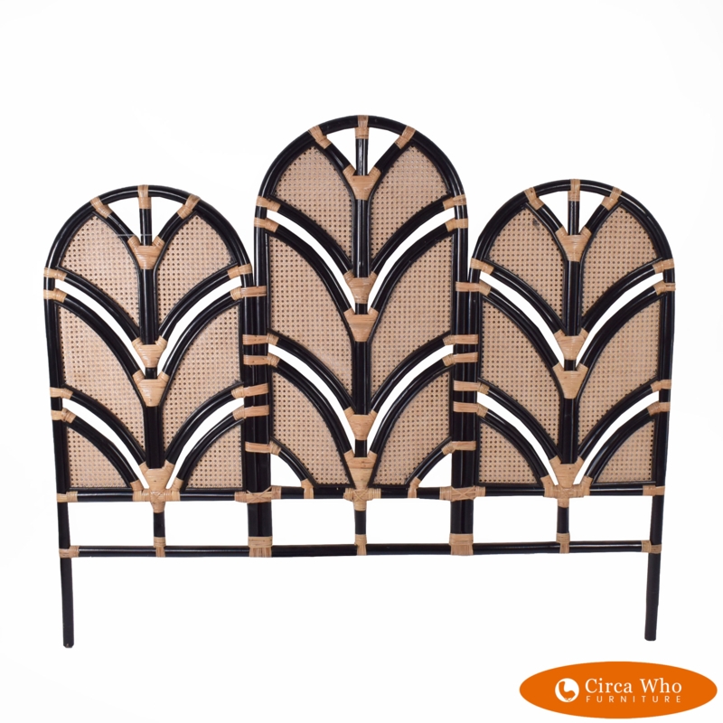 Queen Headboard Triple Arch Leaf Motif Matte Black Tropical Boho Chic