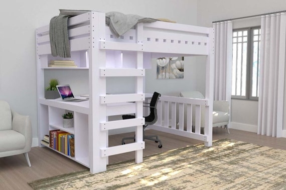 Queen Size Loft Bed With Desk And Shelving, Minimalist White Adult Bed