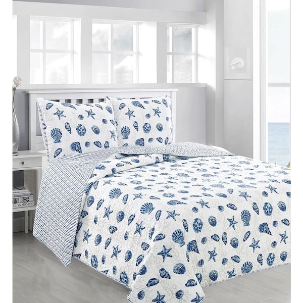 Quilt Set Microfiber Navy Seashell Print Nautical Stripes