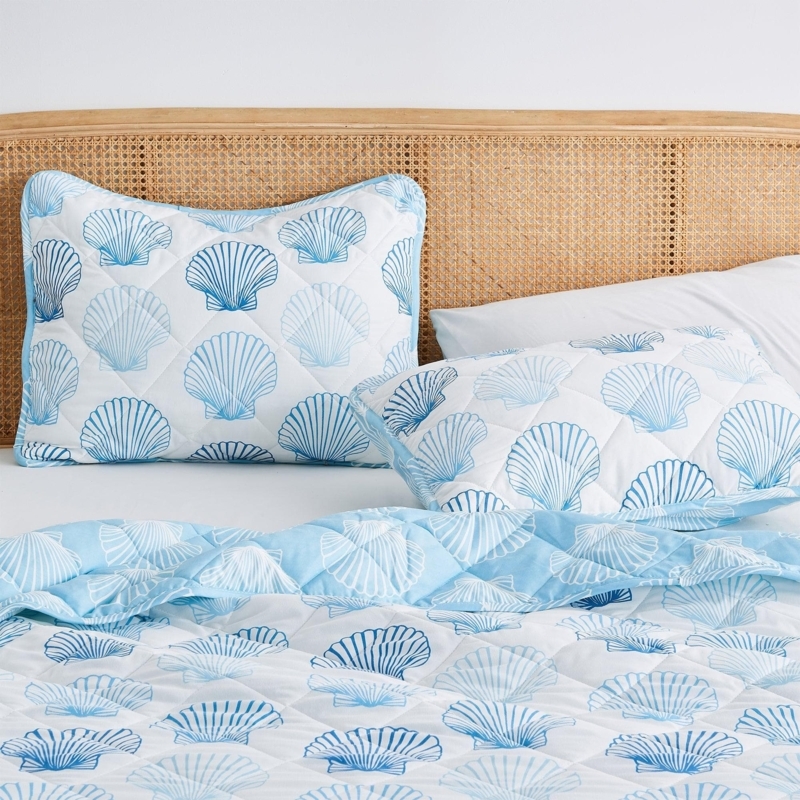Quilt Set Powder Blue Seashell Print Piped Edges Reversible