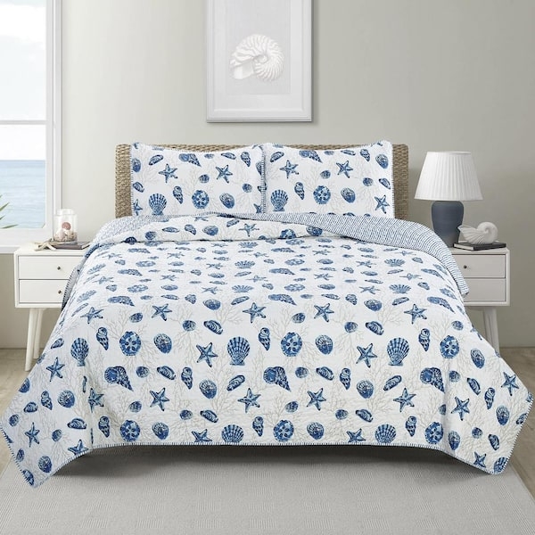 Quilt Set Reversible Pinstripe Backing Navy Seashell Print