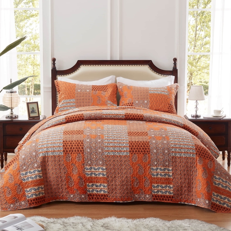 Quilt Set Rust Orange Paisley Patchwork Design Microfiber Coverlet