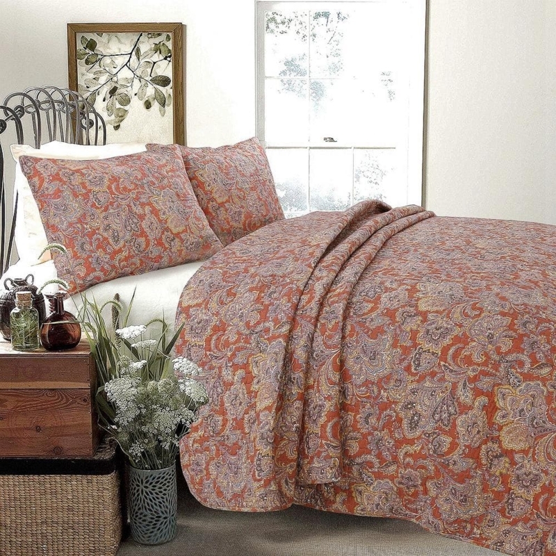 Quilt Set Rustic Copper Paisley Floral Scalloped Edges Farmhouse