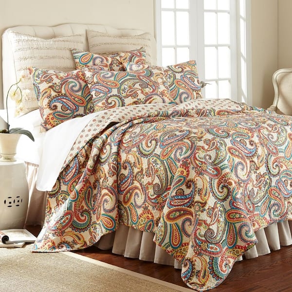 Quilt Set Vibrant Multi Color Paisley Reversible Dot Pattern Teal