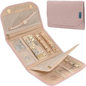 Quilted Jewelry Organizer Roll, Pink Foldable Design with Chevron Texture