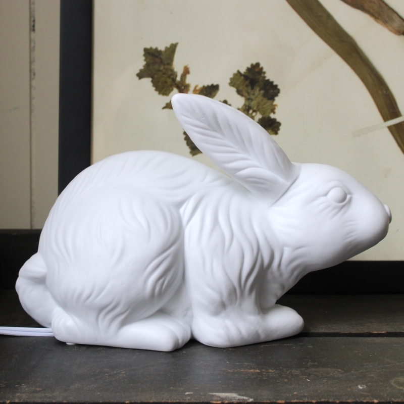 Rabbit Lamp Matte White Stoneware Molded Fur Texture Cottagecore