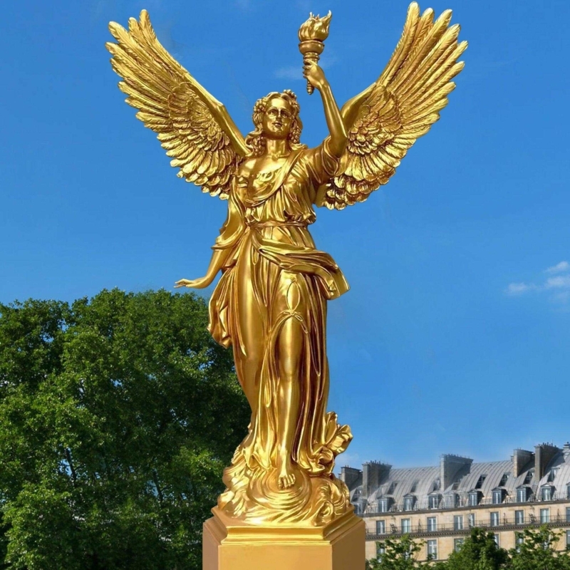 Radiant Golden Roman Goddess Statue with Flaming Torch