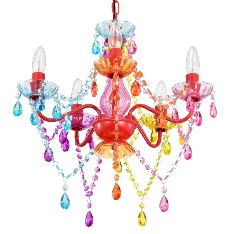 Rainbow Crystal Chandelier with Red Metal Frame and 5 Lights