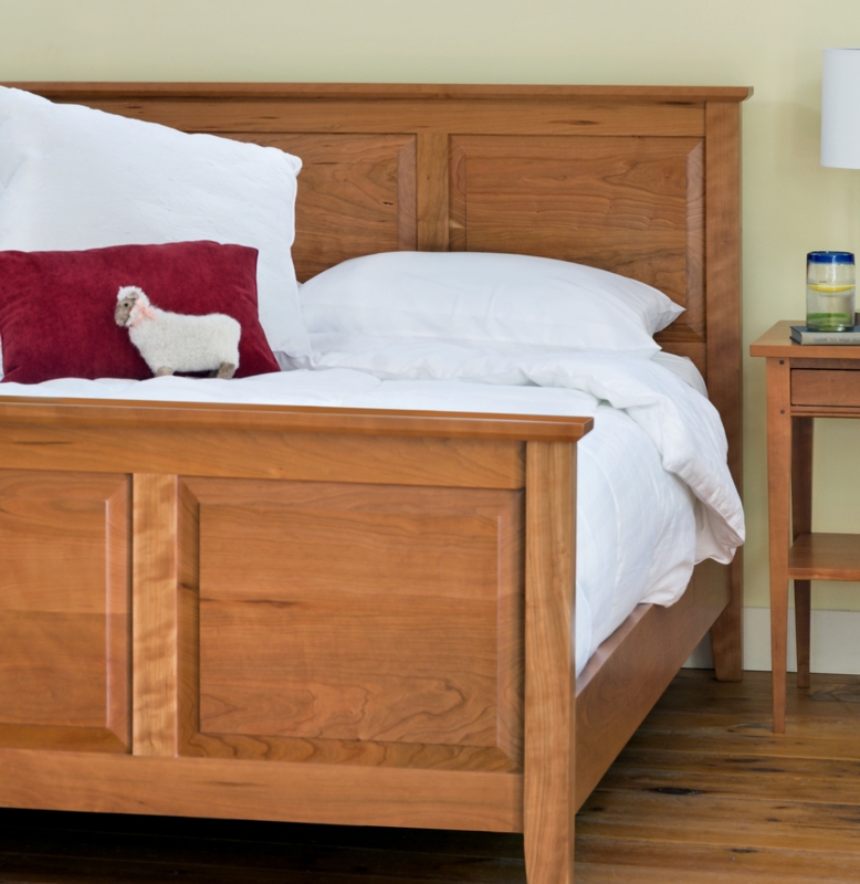 Raised Panel Bed Frame in Warm Honey Wood with Shaker Style