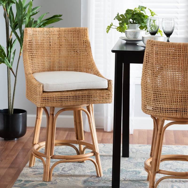 Rattan Bar Stool Swivel Bucket Seat Coastal Kitchen Seating