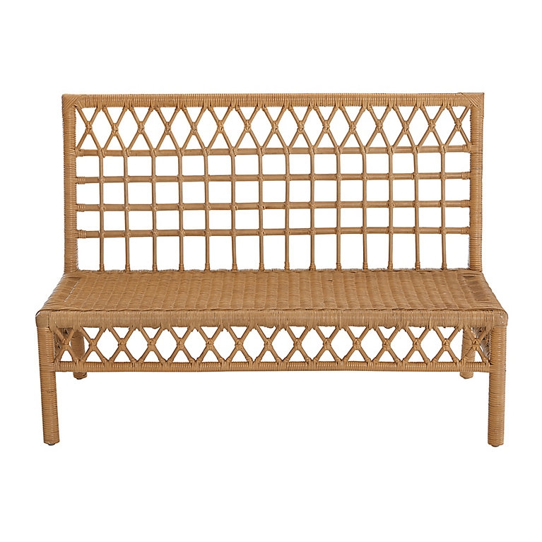 Rattan Bench Coastal Style Open Lattice Back Cross Hatch