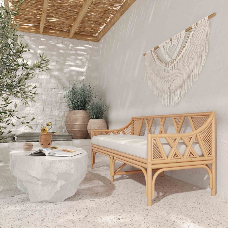 Rattan Bench Geometric Lattice Back Bohemian Patio Seating
