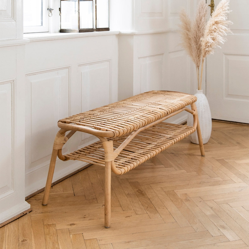 Rattan Bench Japandi Style Two Tier Shelf Curved Frame