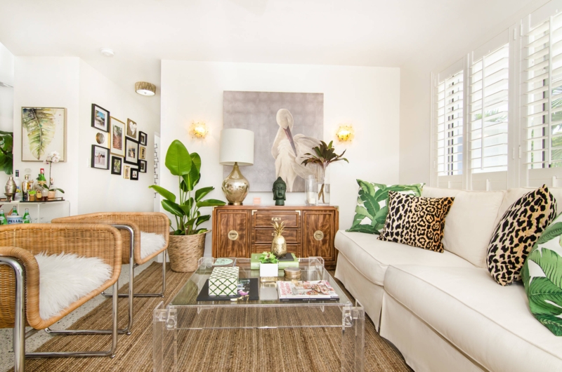 Rattan Cantilever Chairs in Tropical Glam Living Room Ensemble