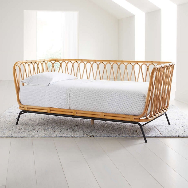 Rattan Daybed, Looped Cane Back, Splayed Metal Legs, Boho Chic