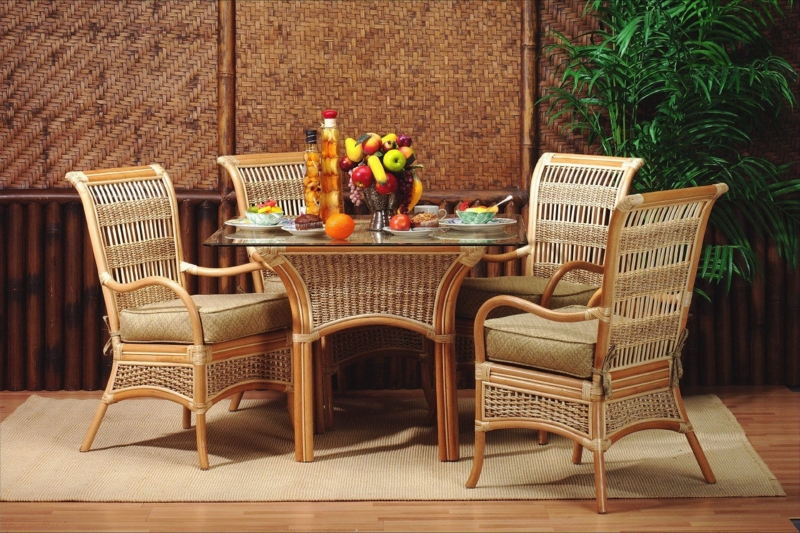 Rattan Dining Chair Woven Frame Curved Arms Flared Legs Natural