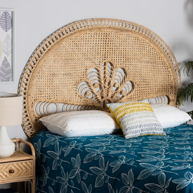 Rattan Headboard Arched Silhouette Fan Motif Looped Border Tropical