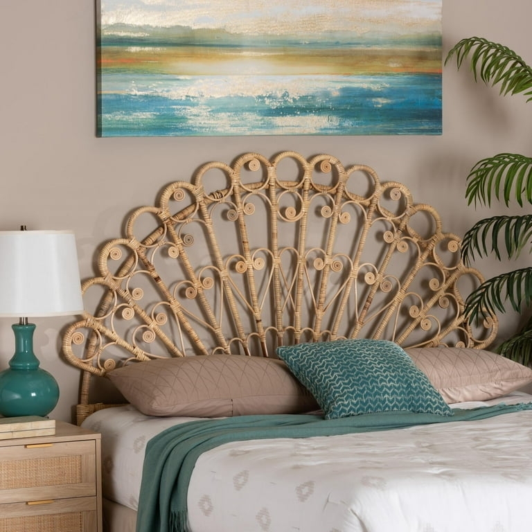 Rattan Headboard Fan Shaped Silhouette Scrollwork Details Natural