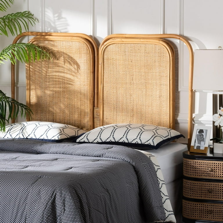 Rattan Headboard Honey Brown Arched Dual Panel Woven Mesh Boho Chic