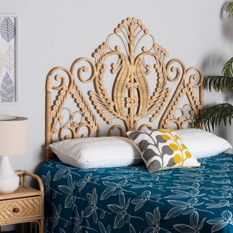 Rattan Headboard Intricate Scrollwork Fan Silhouette Peacock Design Boho