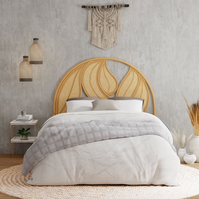 Rattan Headboard Leaf Motif Arched Silhouette Handwoven Coastal Boho