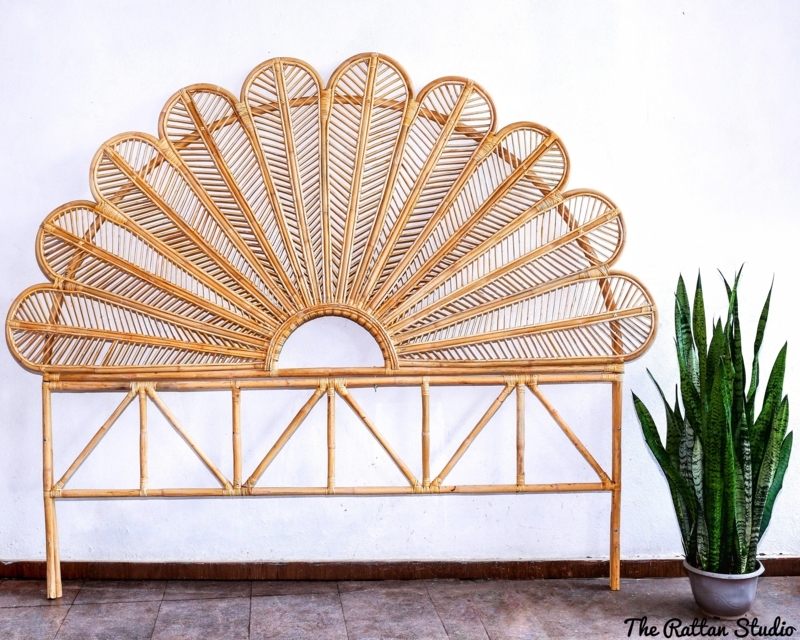 Rattan Headboard Peacock Fan Design Radiating Slats Handcrafted Wicker
