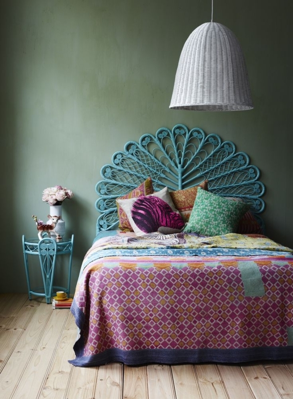 Rattan Headboard Teal Blue Peacock Silhouette Radiating Curves Boho