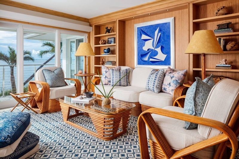 Rattan Living Set with Curved Frames and Blue Geometric Rug Styling