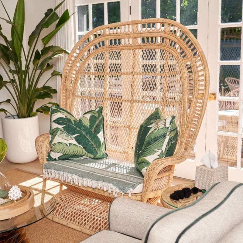 Rattan Loveseat High Peacock Back Bohemian Tropical Botanical