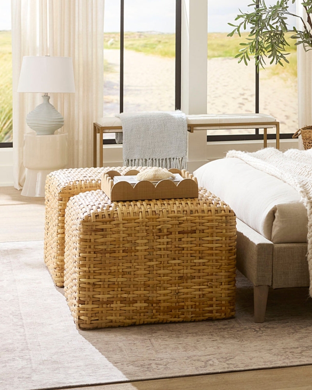 Rattan Ottoman Cube Stool, Basketweave Texture, End of Bed Seating