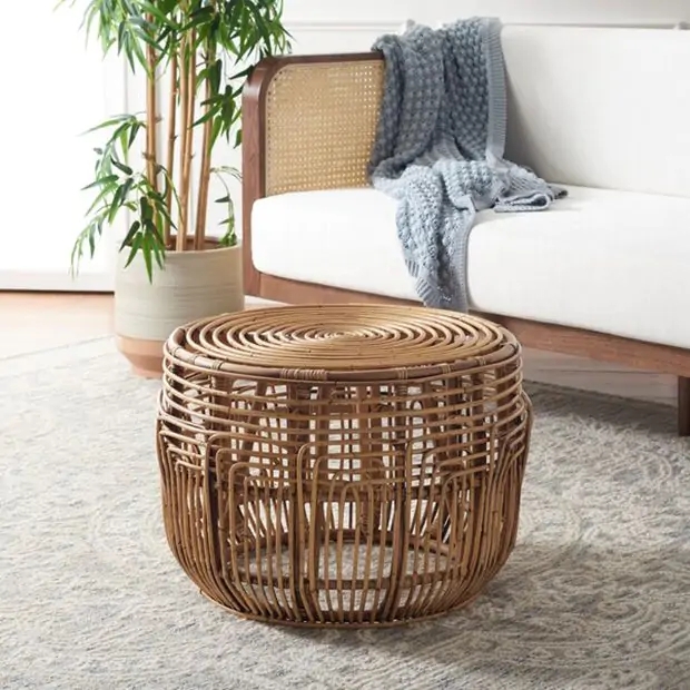 Rattan Ottoman featuring Concentric Circle Top, Brown Wash Woven Footstool