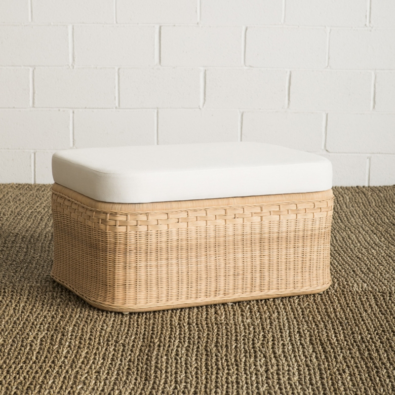 Rattan Ottoman with Rectangular Base, Horizontal Banding, White Cushion Bench