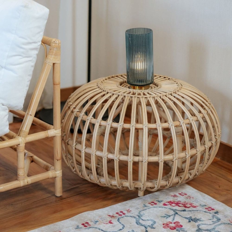 Rattan Ottoman with Spherical Silhouette and Bundled Joints