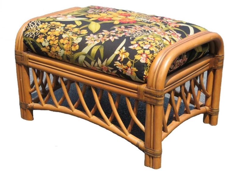 Rattan Ottoman with Tropical Floral Print Cushion, Lattice Base Stool