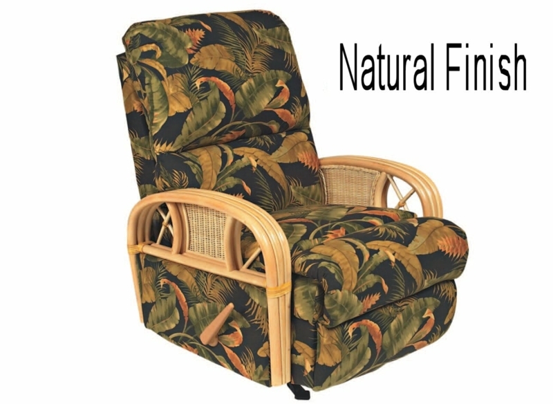 Rattan Recliner Botanical Upholstery Natural Finish, Tropical Leaf Print